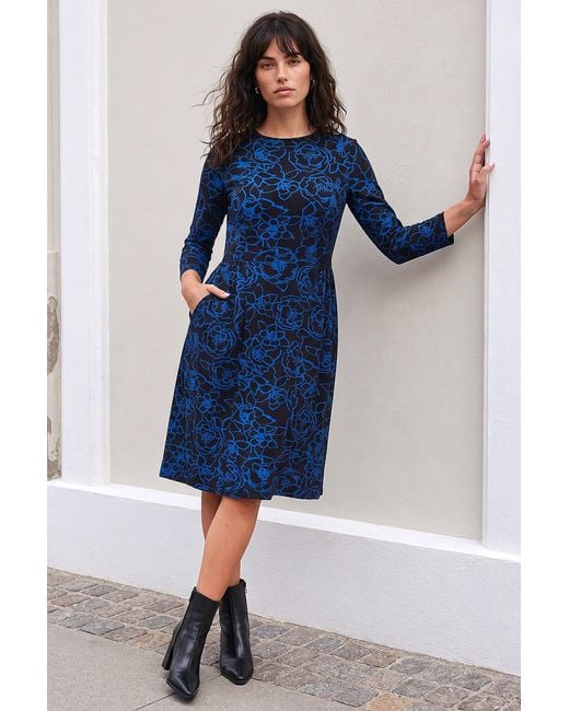 Roman Blue Floral Side Ruched Dress
