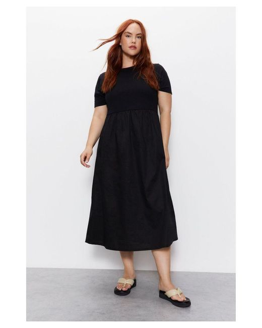 Warehouse Black Plus Short Sleeve Woven Mix Midi Dress