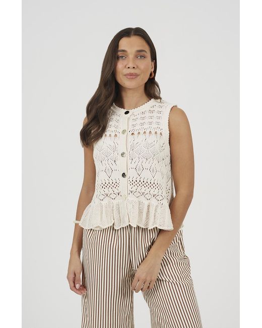 Brave Soul Natural Pointelle Knit Waistcoat With Frill Hem
