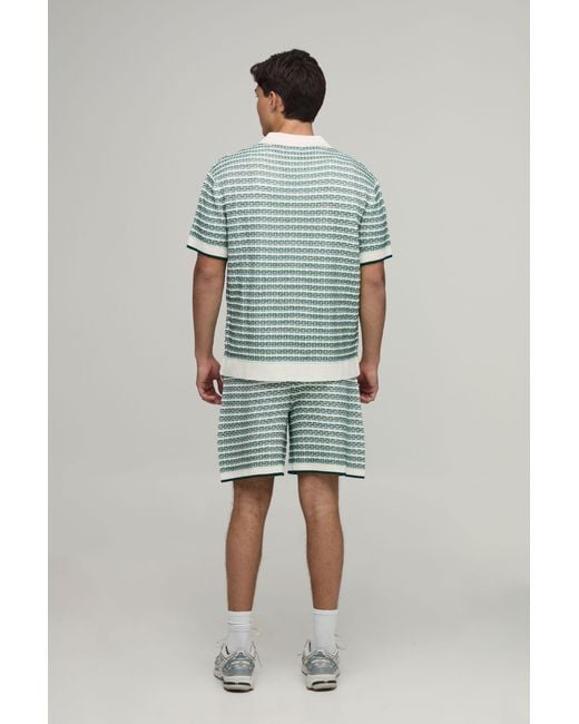 BoohooMAN Green Relaxed Open Stitch Striped Knitted Shirt And Short Set for men
