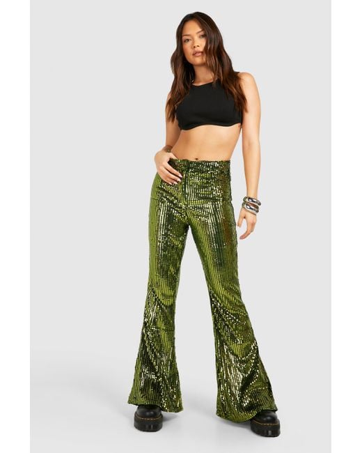 Boohoo Green Festival High Waist Sequin Flare Trousers
