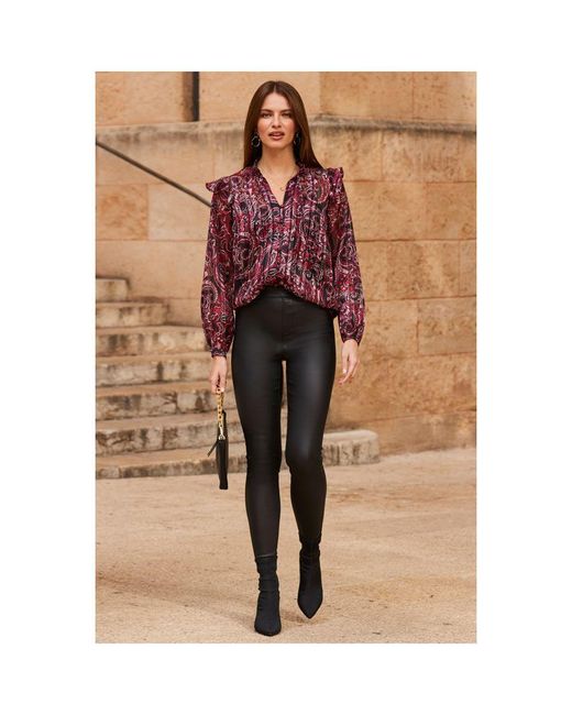 Sosandar Red Burgundy Paisley Print Ruffle Shoulder Tie Neck Blouse