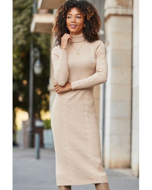 Sosandar Natural Roll Neck Cable Knit Midi Dress
