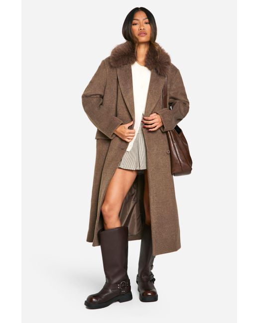 Boohoo Natural Faux Fur Trim Oversized Double Breasted Wool Look Coat