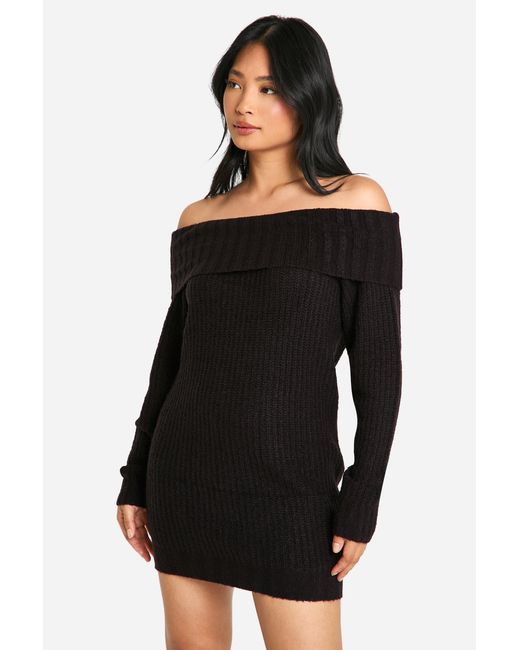 Boohoo Black Petite Wide Rib Bardot Neckline Mini Sweater Dress
