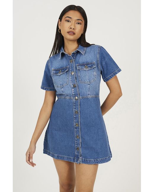 Brave Soul Blue Mid Collared A-Line Denim Mini Dress