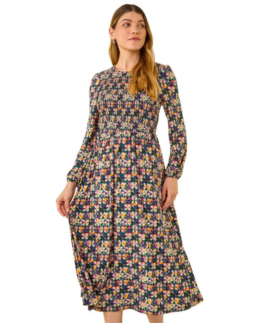 Roman Purple Geometric Print Shirred Midi Dress