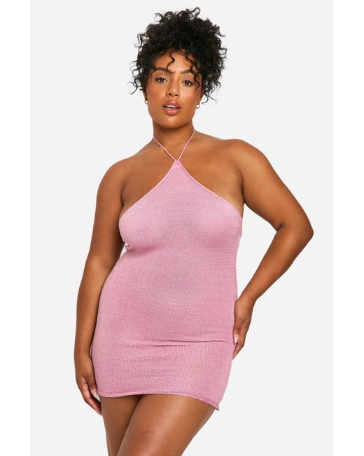Boohoo Pink Plus Glitter Knitted High Neck Mini Dress