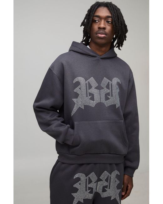 BoohooMAN Gray Oversized Boxy Rhinestone B Star Hoodie for men