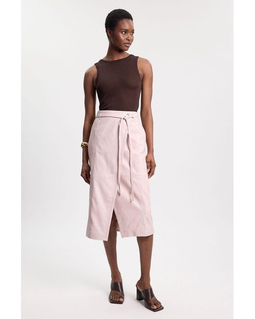 Karen Millen Pink Leather Tie Up Belted Midi Skirt