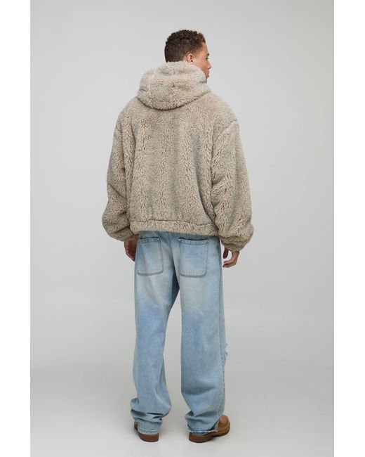 BoohooMAN Gray Tall Oversized Hooded Faux Fur Zip Through Jacket for men