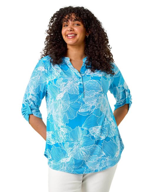 Roman Blue Curve Textured Floral Print V-Neck Shirt