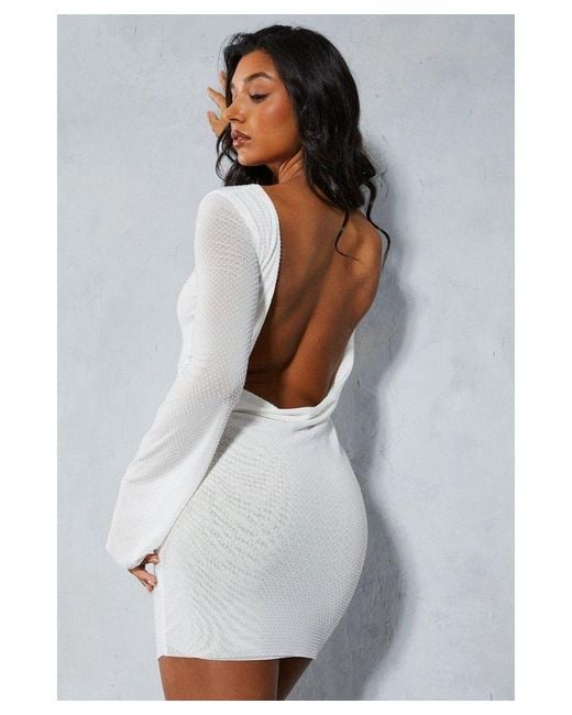 MissPap White Premium Liquid Diamante Cowl Back Long Sleeve Mini Dress