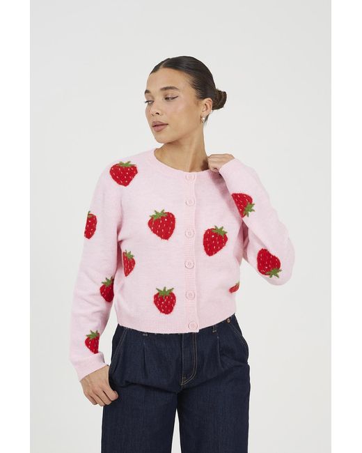Brave Soul Pink Soft Touch Strawberry Jacquard Knit Cardigan