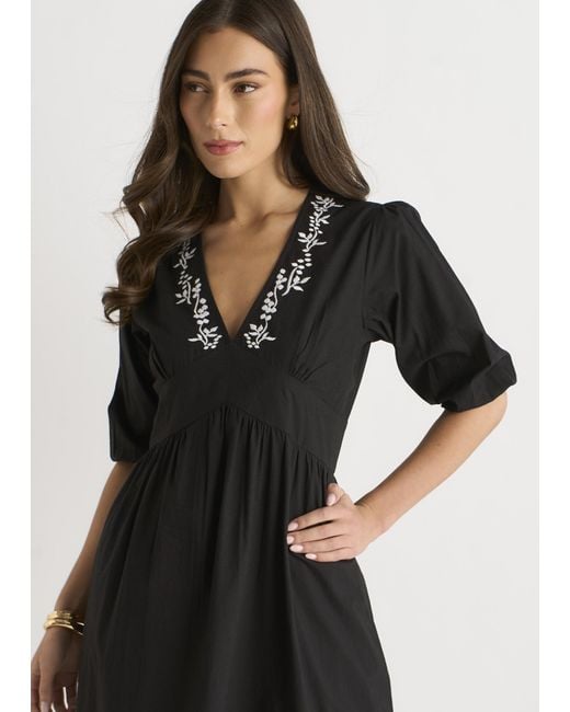 Gini London Black Puff Sleeve Cotton Embroidered Midi Dress