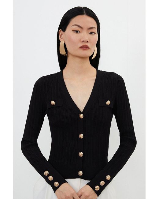Karen Millen Black Viscose Blend Dry Handle Rib Military Trim Cardigan