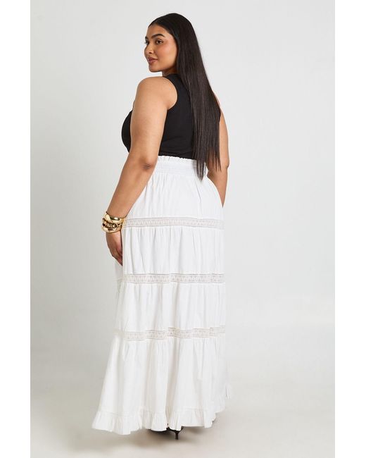 Boohoo White Plus Poplin Lace Detail Tired Maxi Skirt