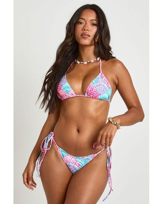 Boohoo Blue Abstract Sea Print Triangle Bikini Top And Tie Side Bottom