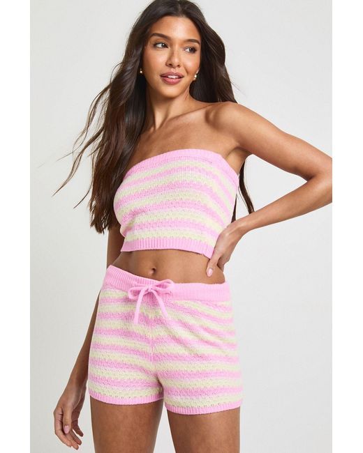 Boohoo Pink Crochet Wave Stripe Bandeau Knitted Top And Mini Short Co-Ord