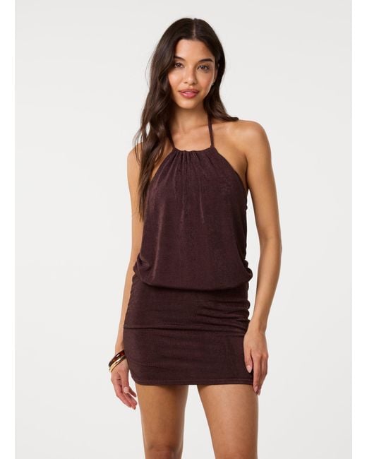 Pink Vanilla Brown Acetate Halter Neck Dress