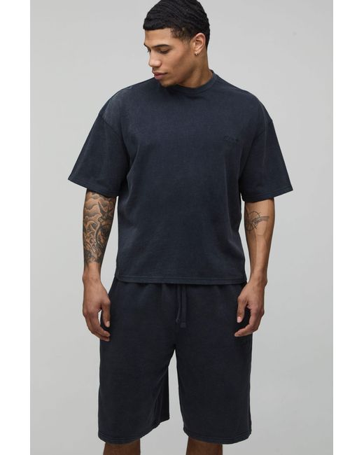 BoohooMAN Blue Oversized Boxy Washed Sport T-Shirt & Shorts Set for men