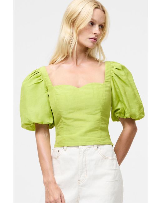 French Connection Green Linen Blend Puff Sleeve Sweetheart Neck Crop Top
