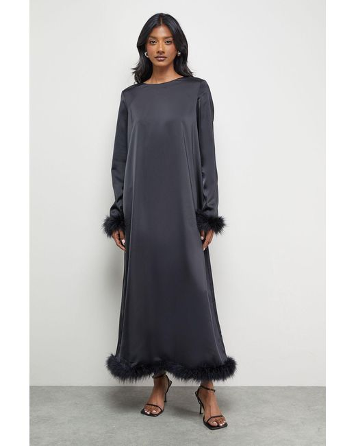 Warehouse Blue Premium Satin Feather High Neck Swing Midi Dress