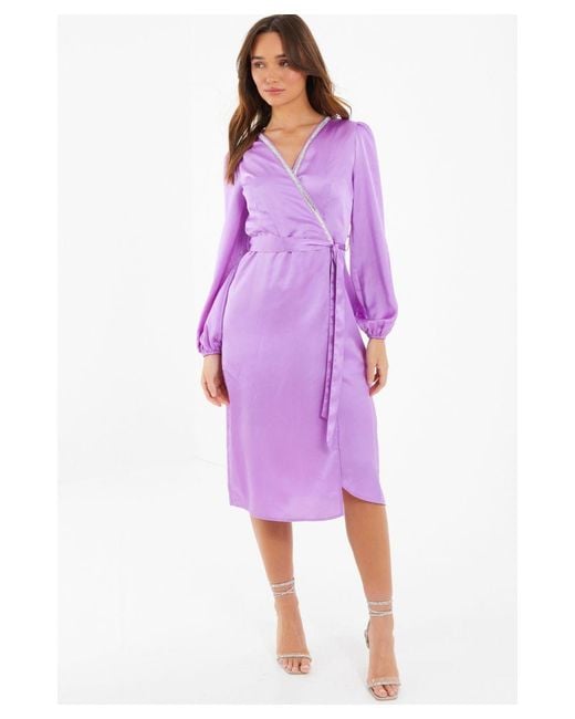 Quiz Purple Satin Embellished Wrap Midi Dress