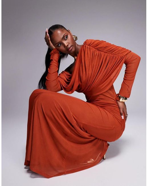 ASOS Red Long Sleeve Slouchy Bardot Mesh Mix Maxi Dress