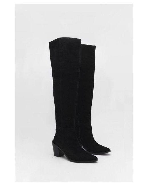 Warehouse Black Real Suede Slouchy Knee High Boots