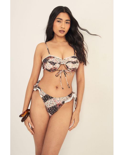 Nasty Gal Natural Patchwork Underwire Picot Trim Ruffle Bikini Set
