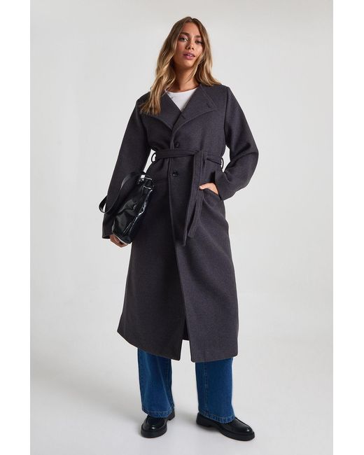 Boohoo Blue Asymmetric Belted Longline Wool Look Coat