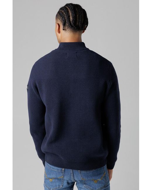 Firetrap Blue Dark Cotton Rich Half Zip Funnel Neck Jumper for men