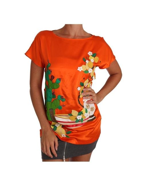 Dolce & Gabbana Orange Silk Lemon Crystal T-Shirt Top Material_Silk