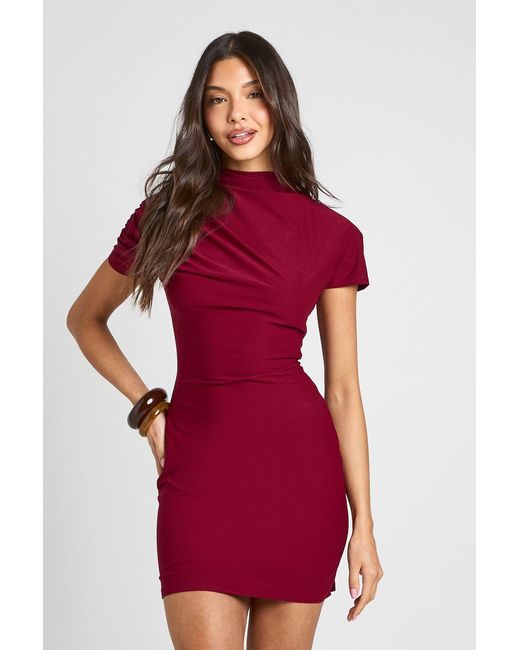 Boohoo Red Grown On Neck Drape Cinched Waist Mini Dress