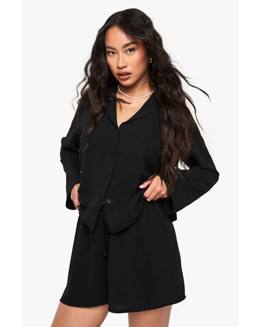 Boohoo Black Woven Hammered Shirt & Short Set