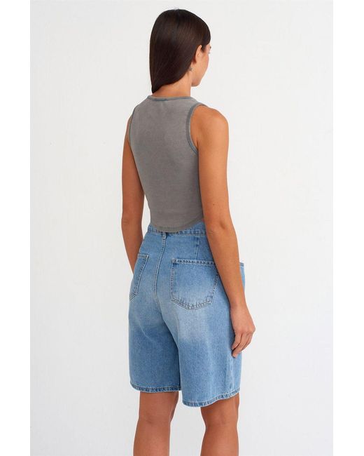 Dilvin Geribbelde Crop Blouse Met Knopen in het Gray