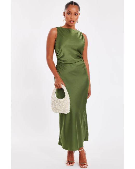 Quiz Green Petite Satin Ruched Midi Dress