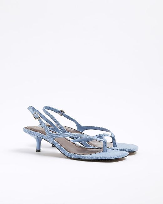 River Island Blue Heeled Sandals Denim Toe Thong Pu