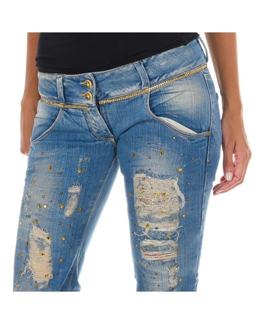 Met Blue Long Denim Pants Worn And Torn Effect 10Db50128