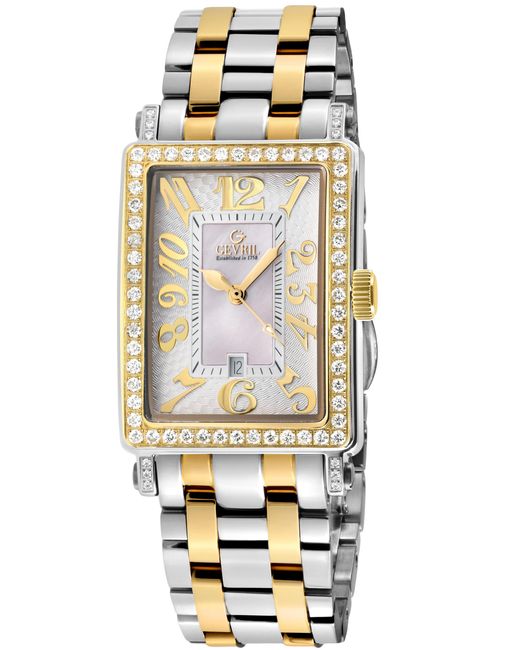 Gevril Metallic Ave Of Americas Mini Swiss Quartz Two Toned Ipyg Stainless Steel Diamond Case, Mop Dial Watch
