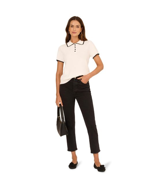 Adrianna Papell White Tipped Scalloped Edge Whip Stitch Short Sleeve Sweater