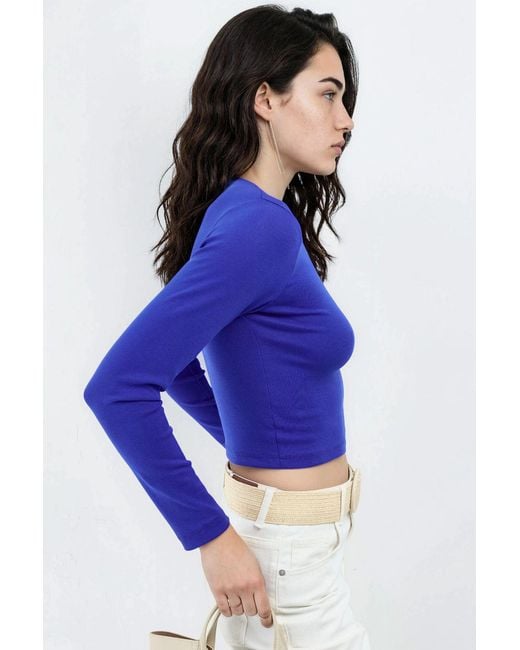 Busem Blue Slim Fit Long Sleeved Crop Top With Crew Neck