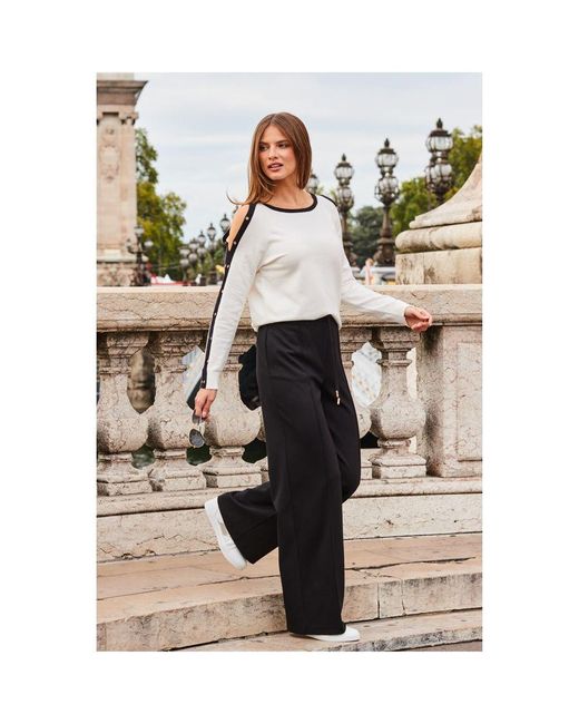 Sosandar White Ivory Eyelet Detail Contrast Sleeve Fine Knit Jumper
