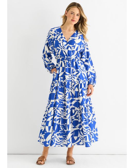 Gini London Blue Abstract Wrap Elasticated Waist Midaxi Dress