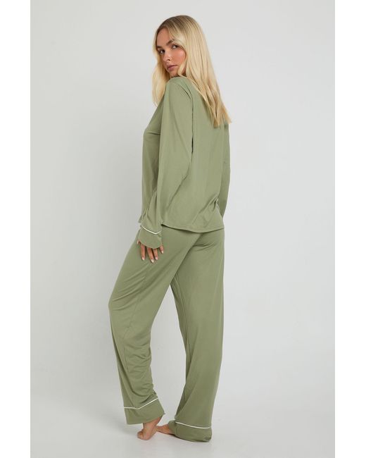 Boohoo Green Jersey Piping Detail Long Sleeve Shirt & Trouser Pyjama Set