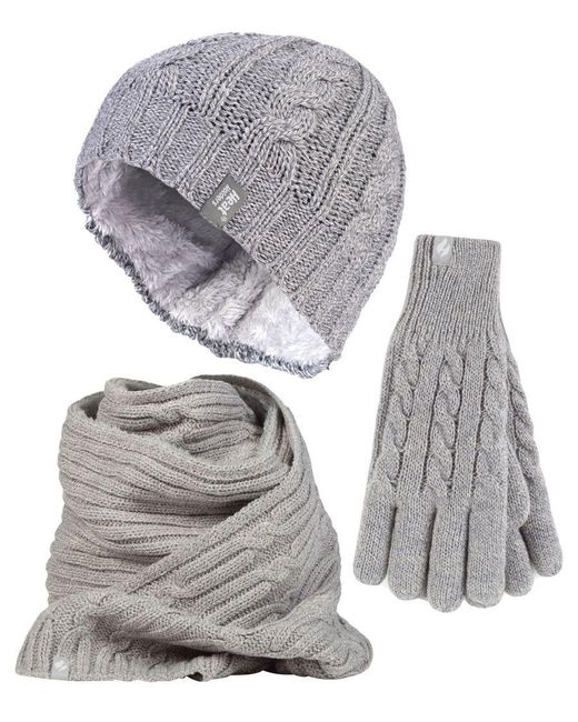 Heat Holders Gray Ladies Knitted Hat Scarf & Gloves Set