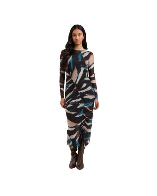 Ted Baker Blue Ellylou Printed Mesh Bodycon Gathered Dress