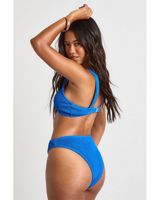 Boohoo Blue Shell Trim Crinkle Plunge Bikini Top