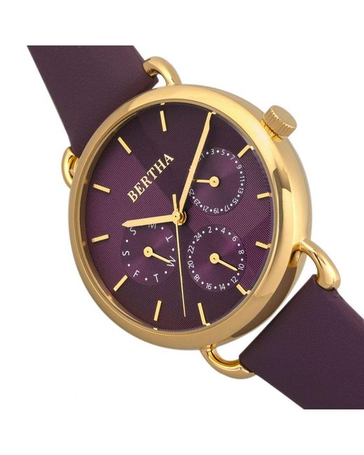 Bertha Gwen Lederen Band Horloge Met Dag/datum in het Purple
